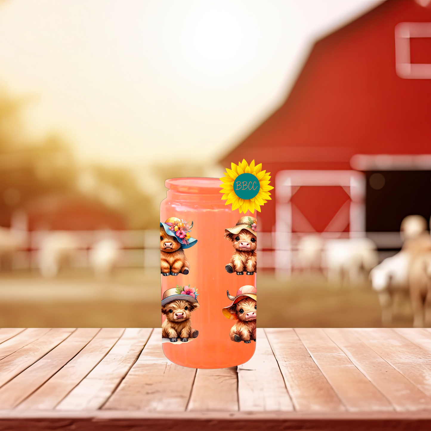 16oz Glass Tumbler – Highland Cow Summer Hats