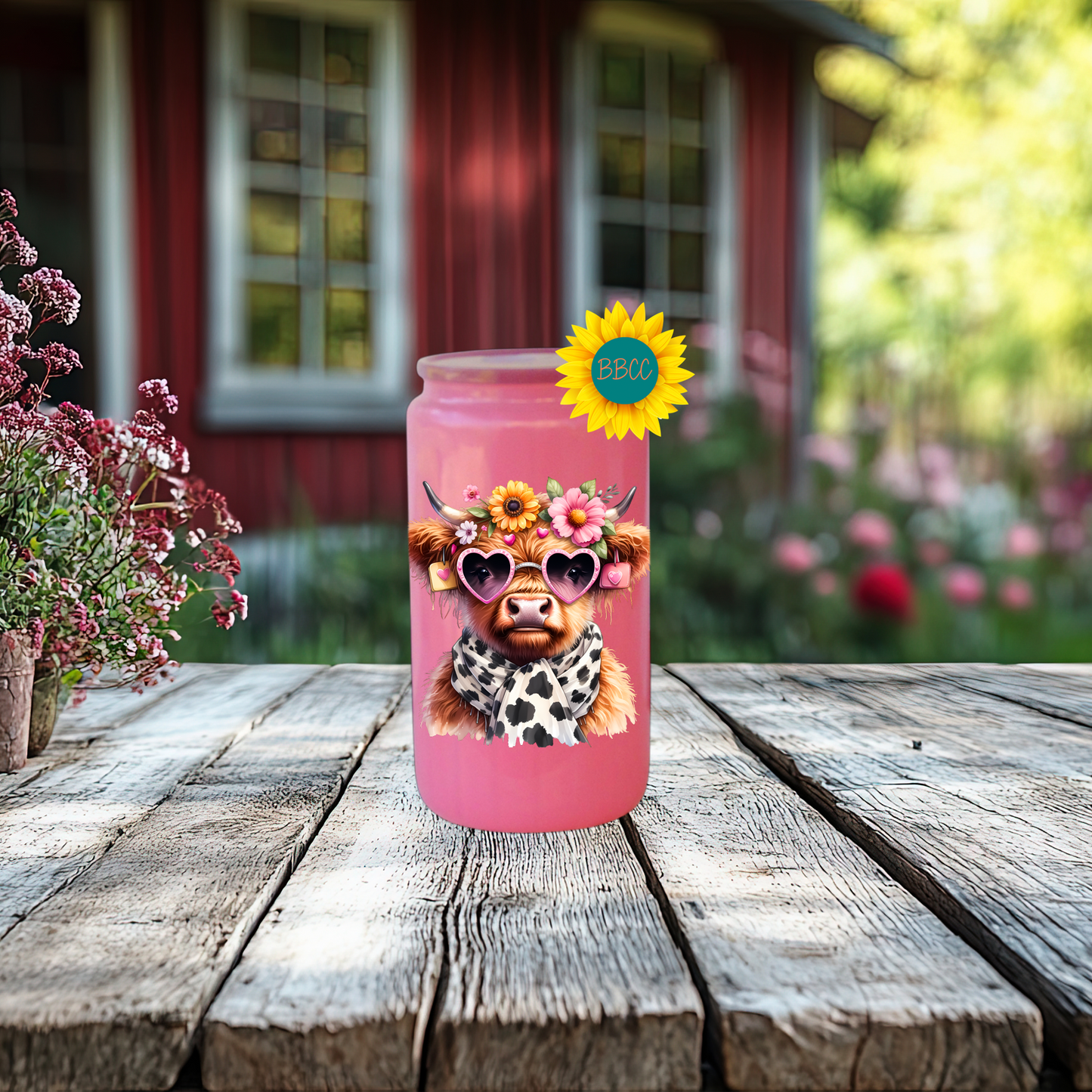 16oz Glass Tumbler – Floral Highland Cow