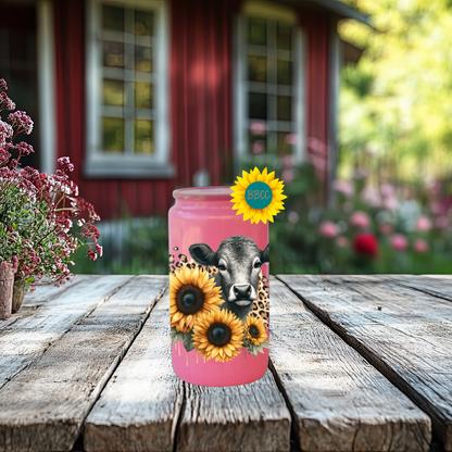 16oz Sunflower Cow Glass Tumbler