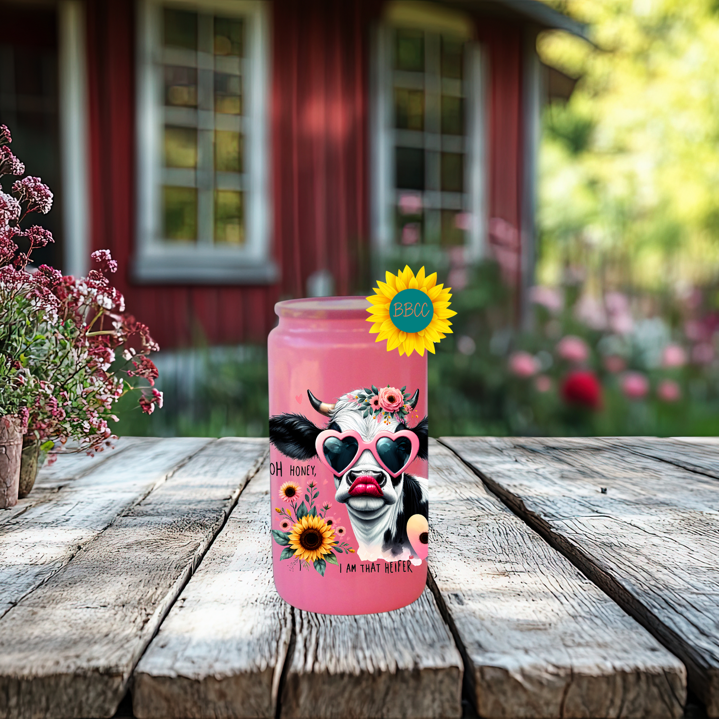 16oz Glass Tumbler – Floral Heifer Cow with Sunglasses