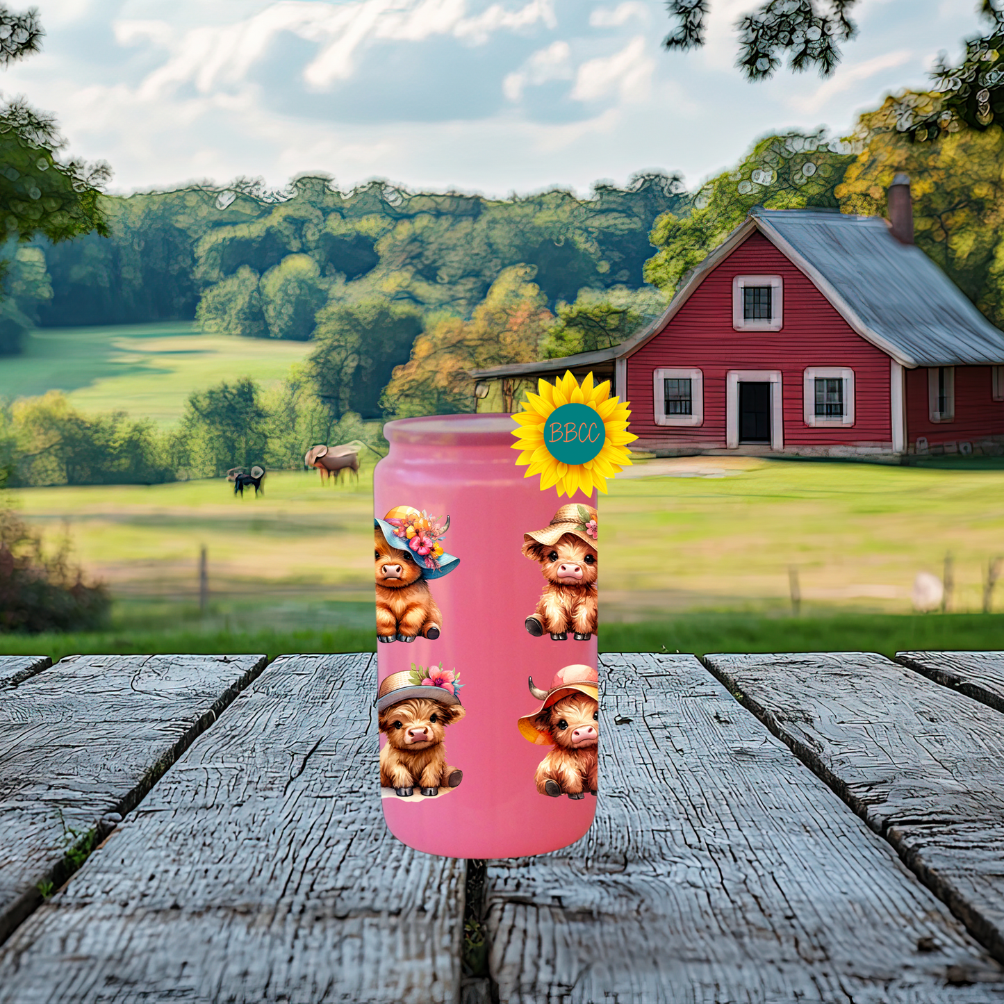 16oz Glass Tumbler – Highland Cow Summer Hats