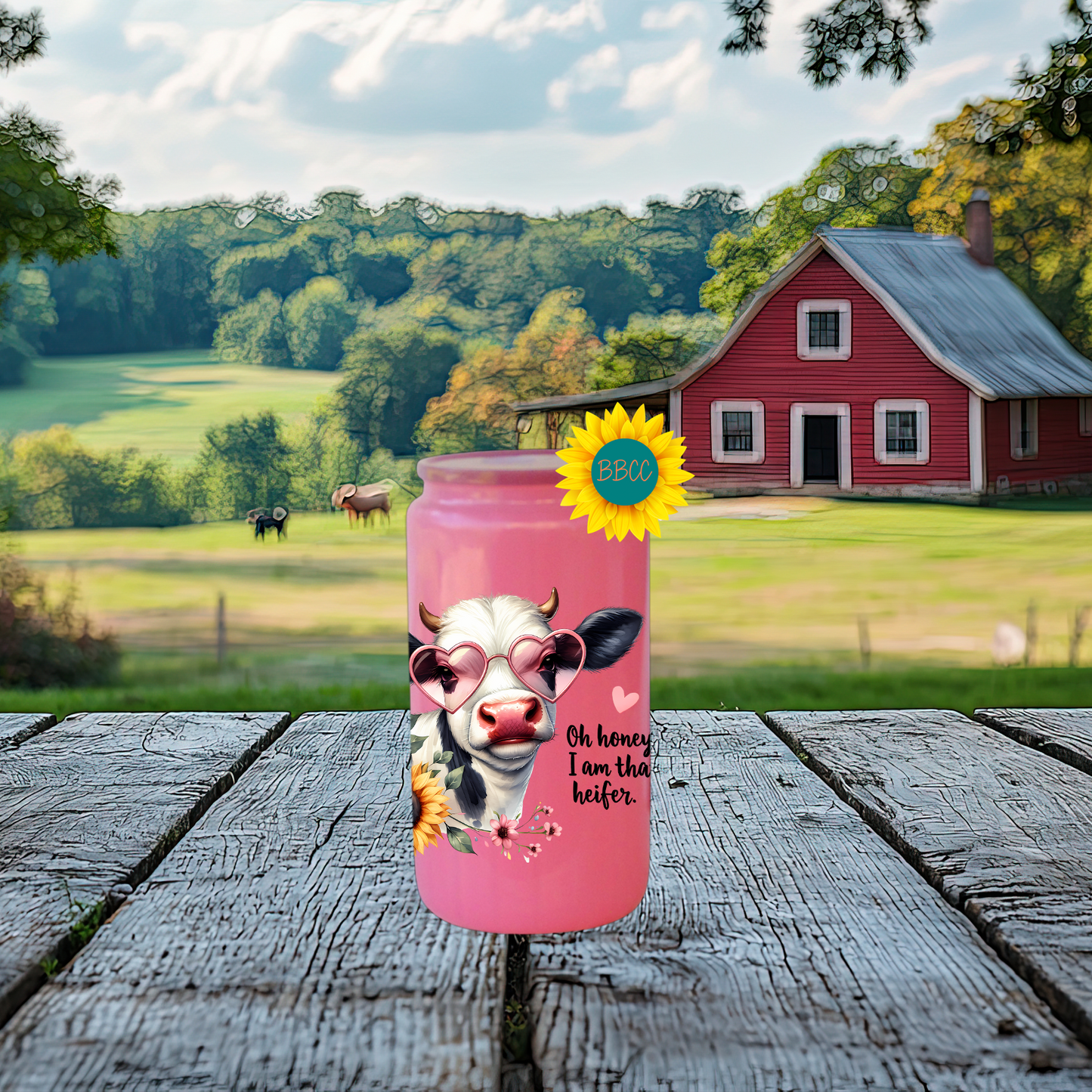 16oz Glass Tumbler – That Heifer Cow with Heart Glasses