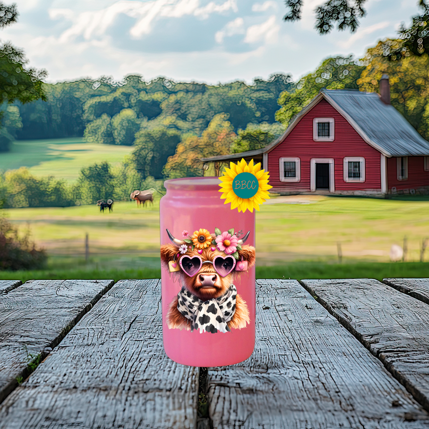 16oz Glass Tumbler – Floral Highland Cow