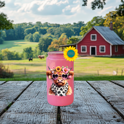16oz Glass Tumbler – Floral Highland Cow