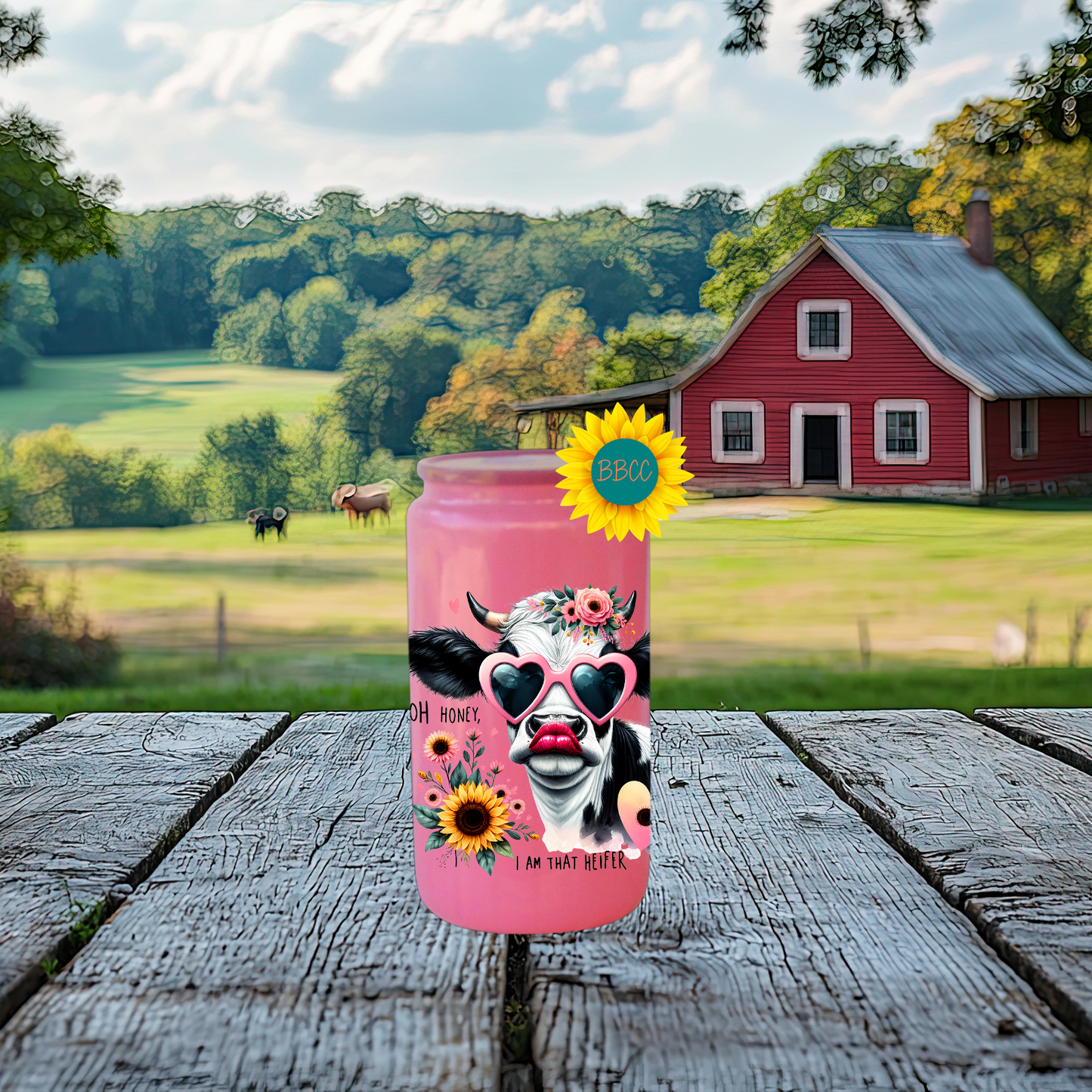 16oz Glass Tumbler – Floral Heifer Cow with Sunglasses
