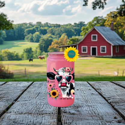 16oz Glass Tumbler – Floral Heifer Cow with Sunglasses