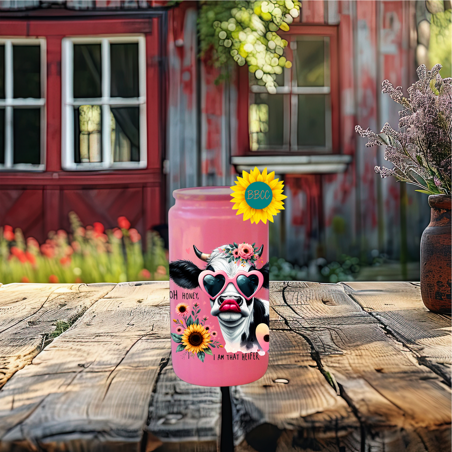 16oz Glass Tumbler – Floral Heifer Cow with Sunglasses
