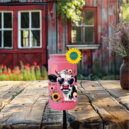 16oz Glass Tumbler – Floral Heifer Cow with Sunglasses