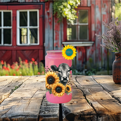 16oz Sunflower Cow Glass Tumbler