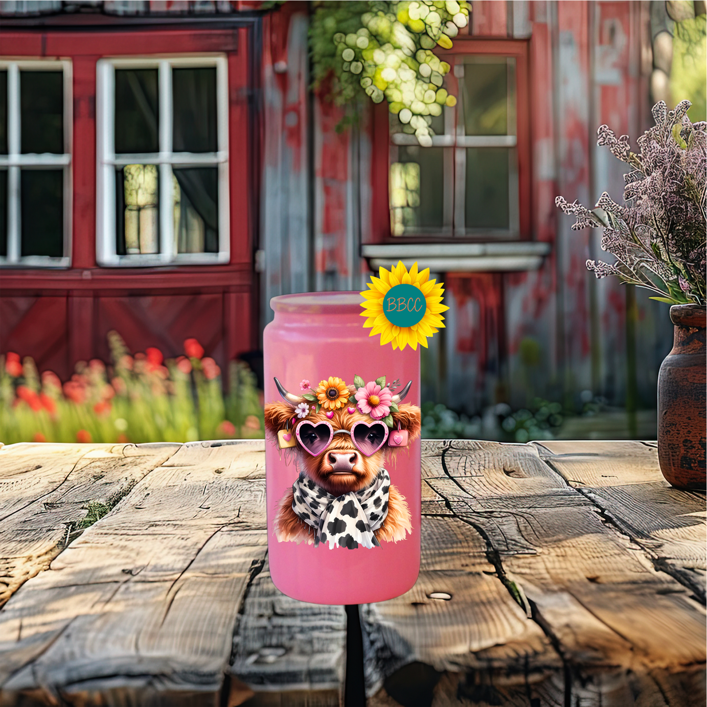 16oz Glass Tumbler – Floral Highland Cow