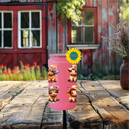 16oz Glass Tumbler – Highland Cow Summer Hats