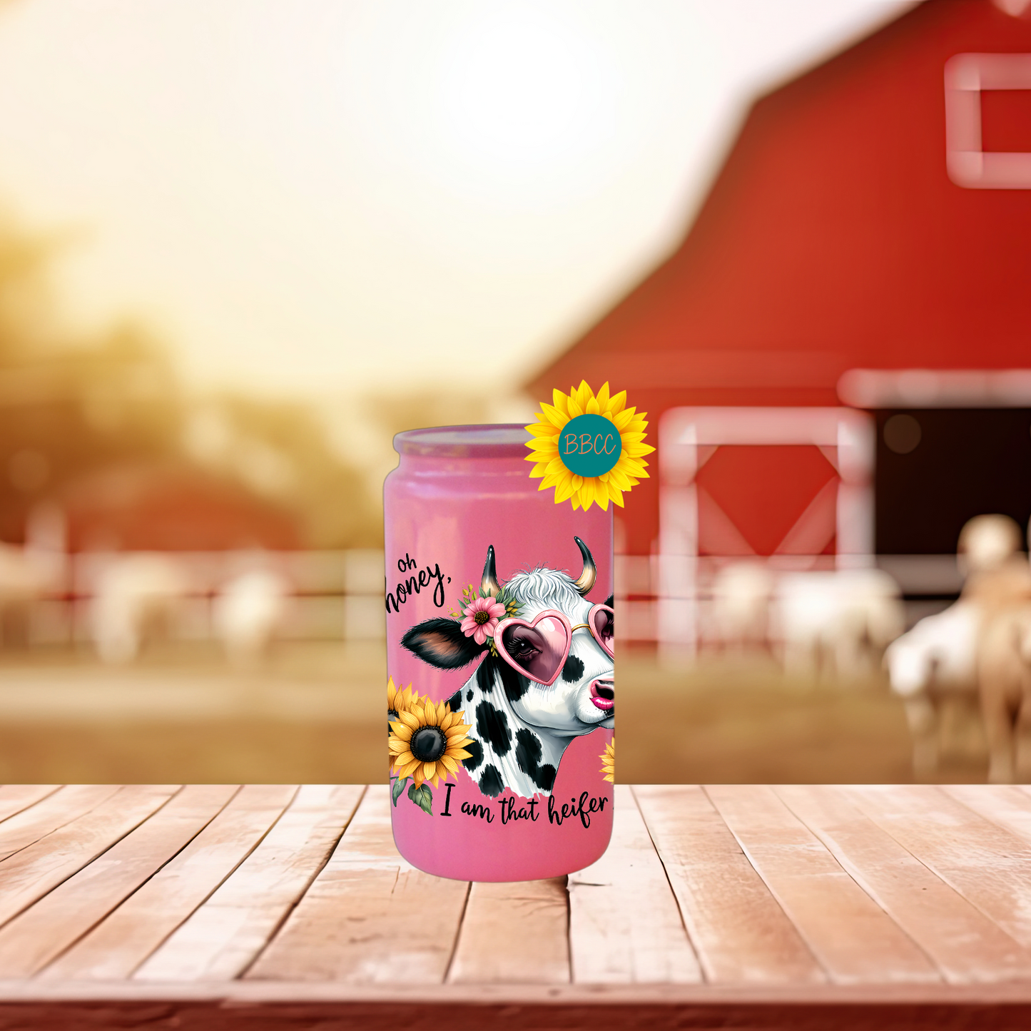 16oz Glass Tumbler – Sassy Cow Oh Honey That Heifer Design