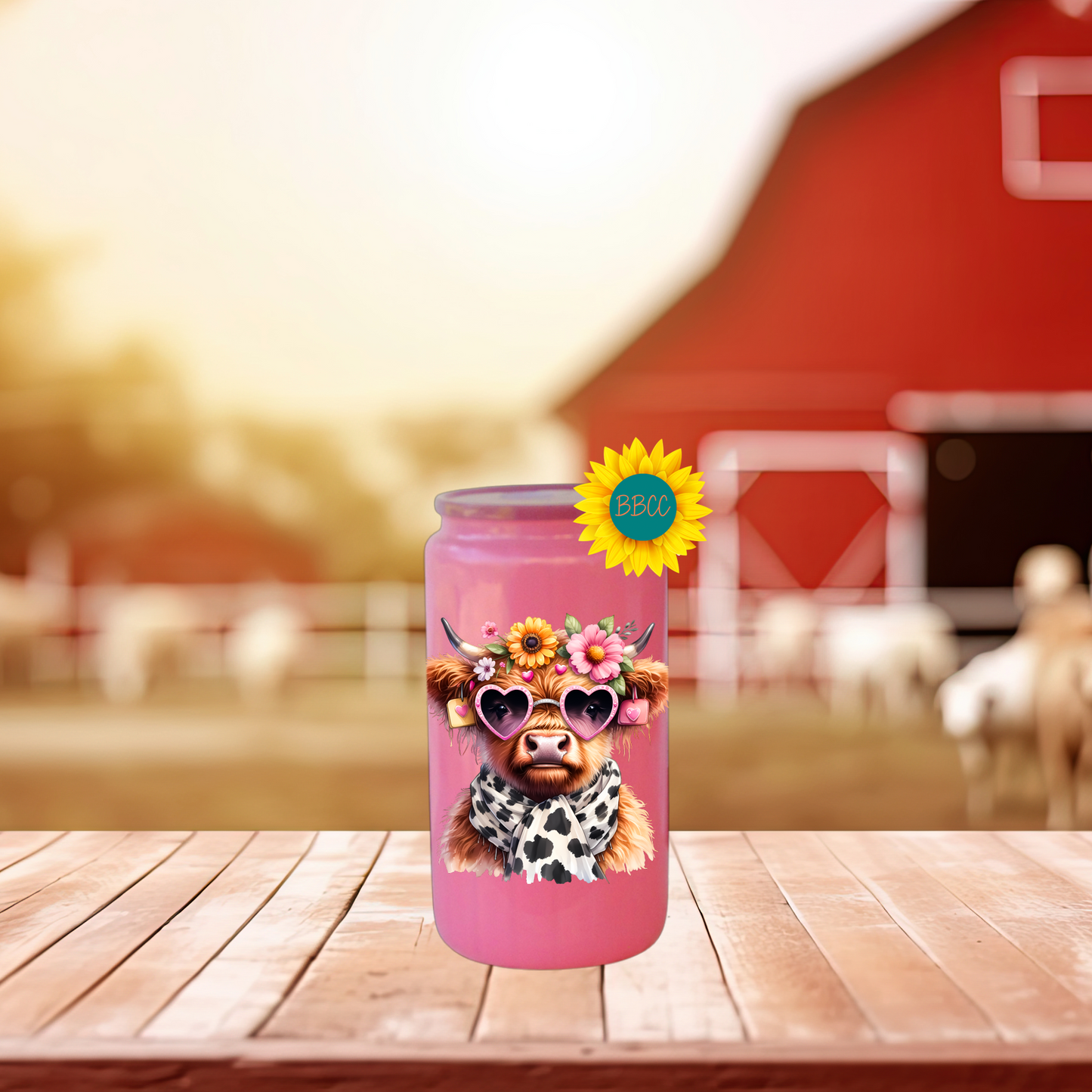16oz Glass Tumbler – Floral Highland Cow