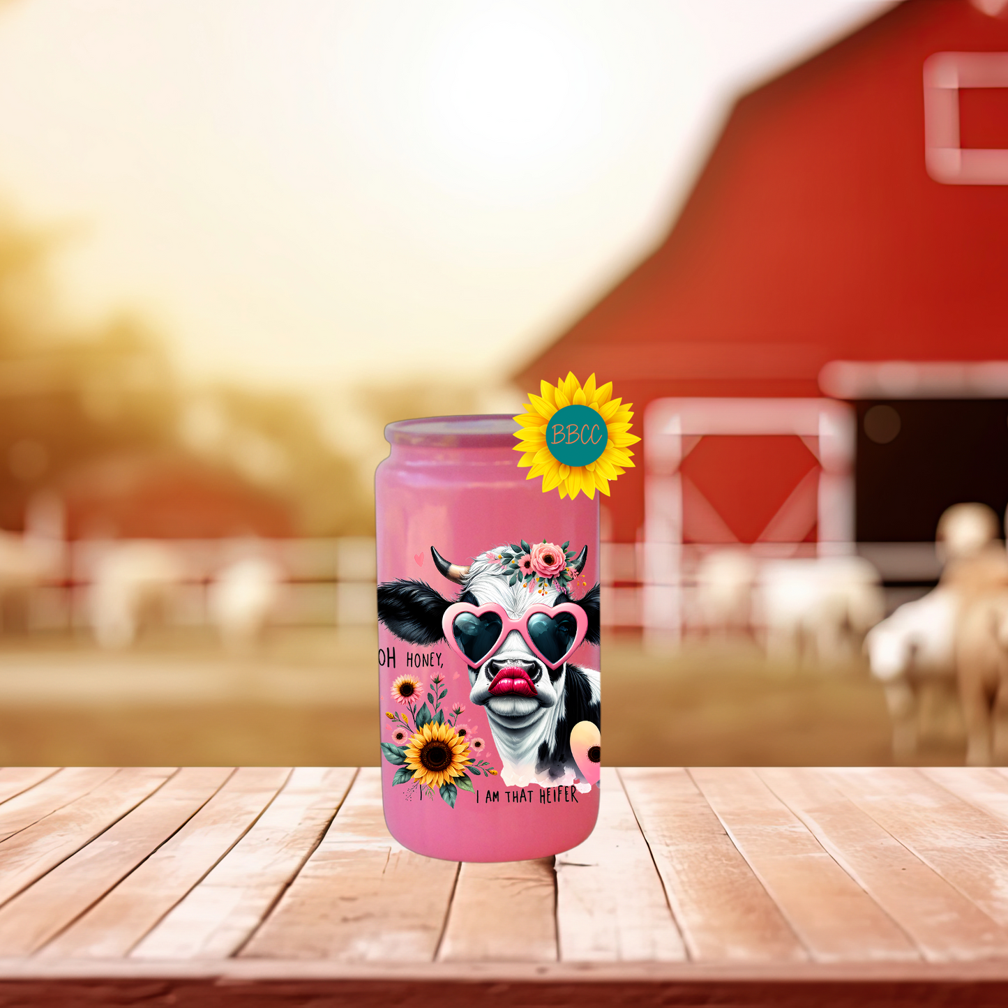 16oz Glass Tumbler – Floral Heifer Cow with Sunglasses