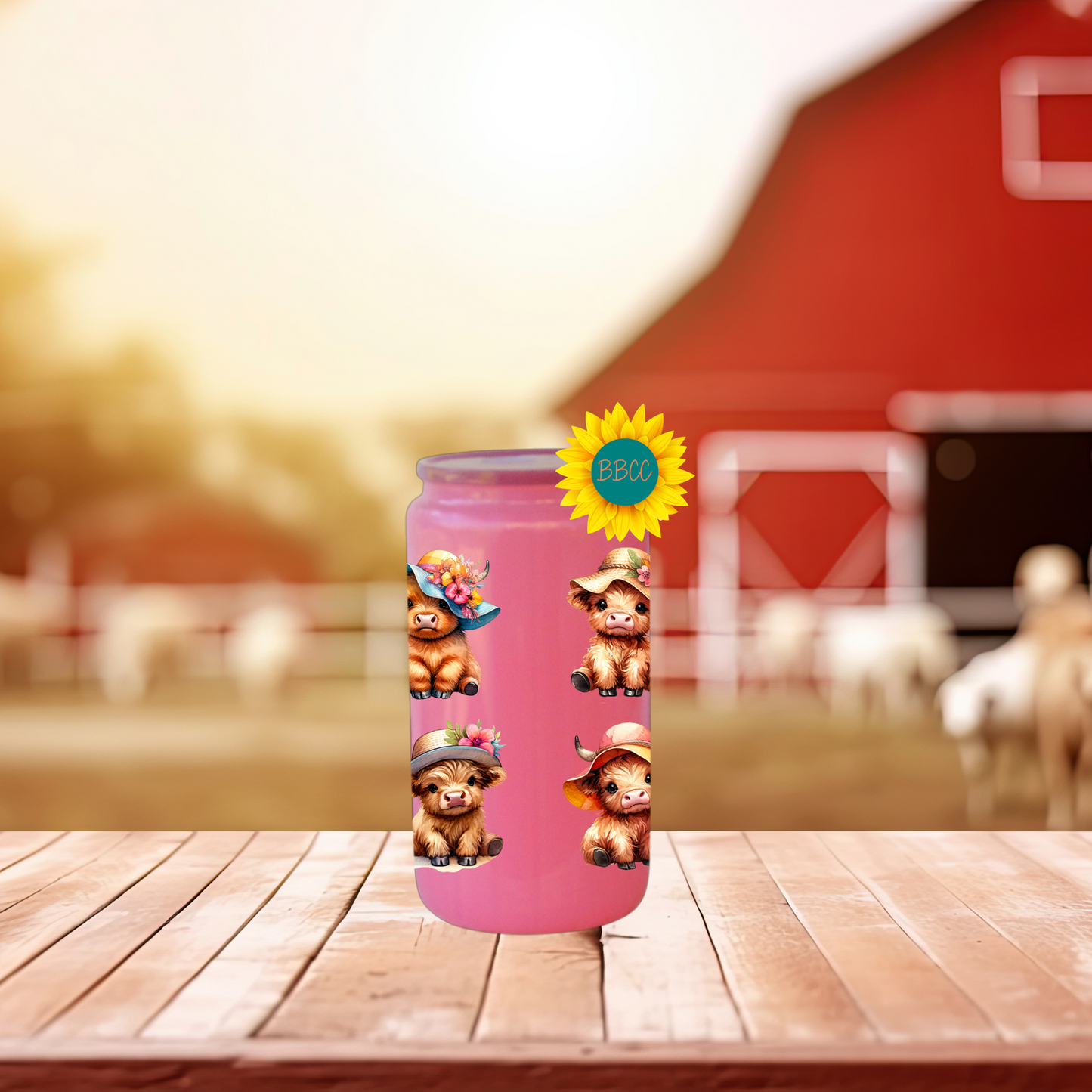 16oz Glass Tumbler – Highland Cow Summer Hats