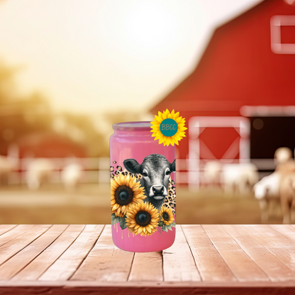 16oz Sunflower Cow Glass Tumbler