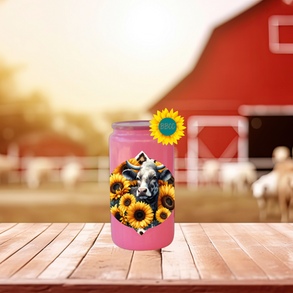 16oz Sunflower Cow Floral Glass Tumbler