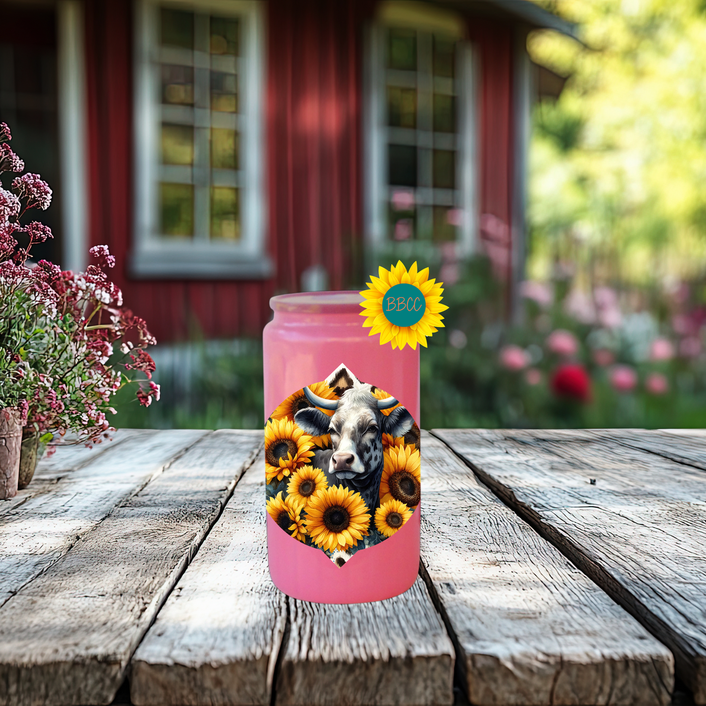 16oz Sunflower Cow Floral Glass Tumbler