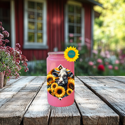 16oz Sunflower Cow Floral Glass Tumbler