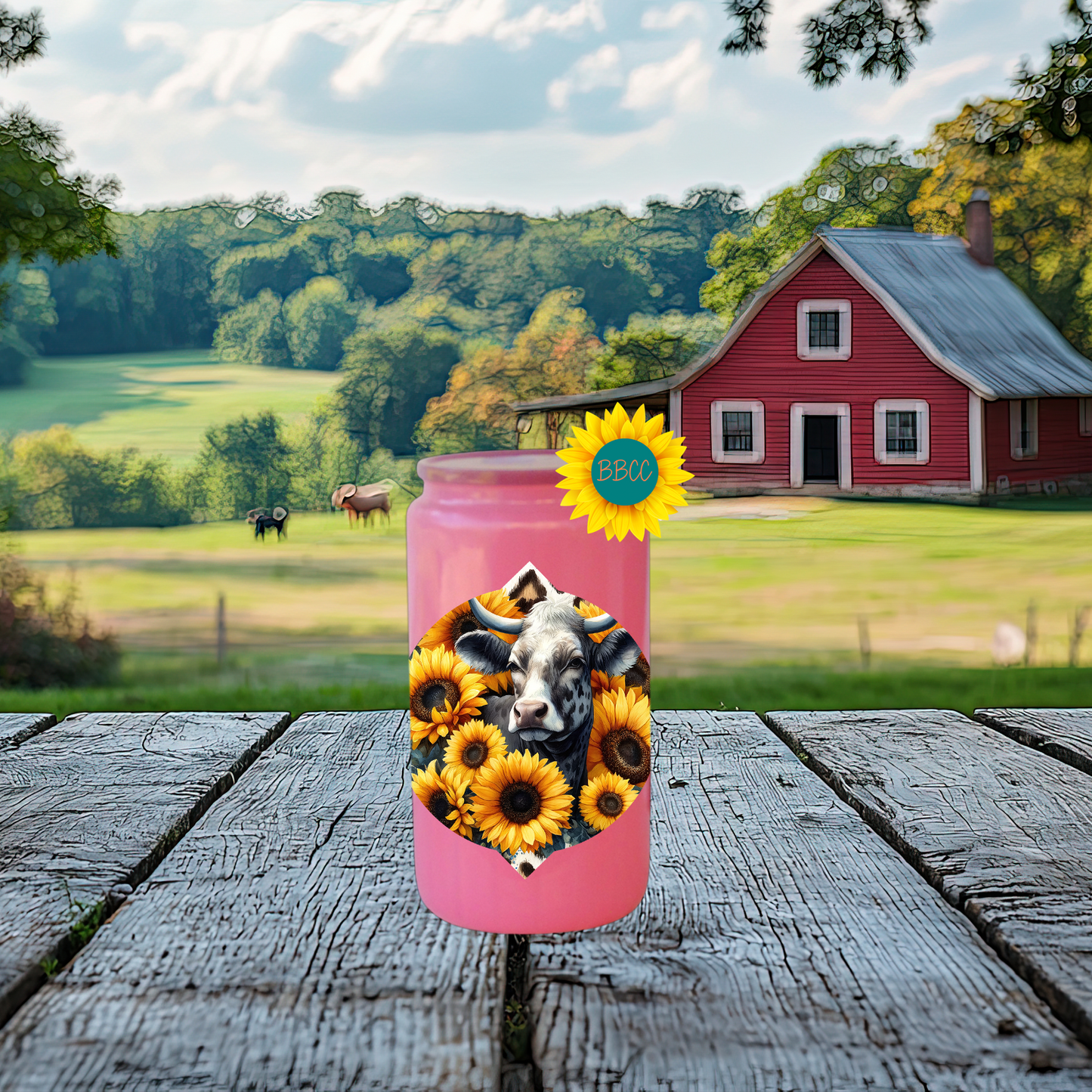 16oz Sunflower Cow Floral Glass Tumbler