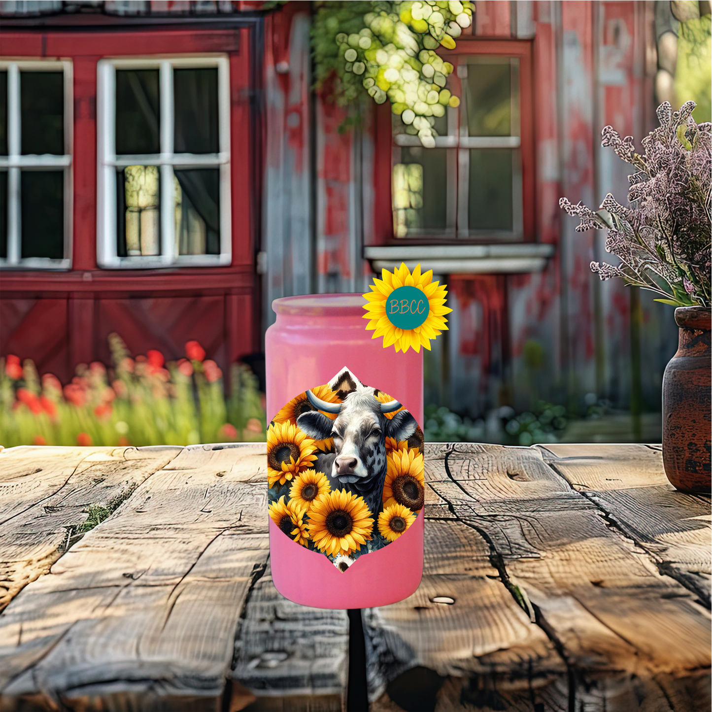 16oz Sunflower Cow Floral Glass Tumbler