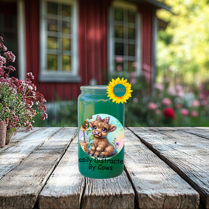 16oz Glass Tumbler – Easily Distracted by Cows
