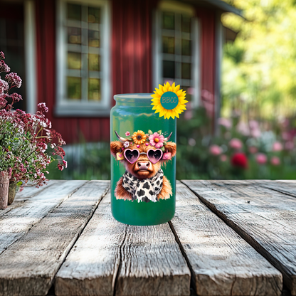 16oz Glass Tumbler – Floral Highland Cow