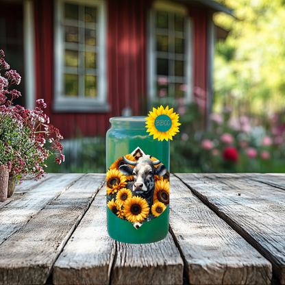 16oz Sunflower Cow Circle Glass Tumbler