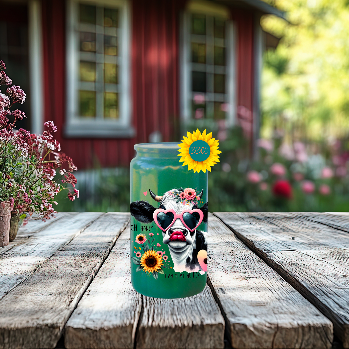 16oz Glass Tumbler – Floral Heifer Cow with Sunglasses