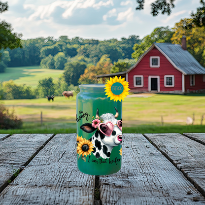 16oz Glass Tumbler – Sassy Cow Oh Honey That Heifer Design
