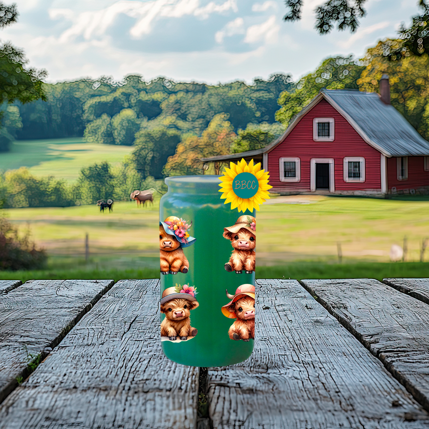 16oz Glass Tumbler – Highland Cow Summer Hats