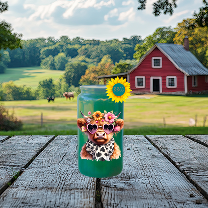 16oz Glass Tumbler – Floral Highland Cow