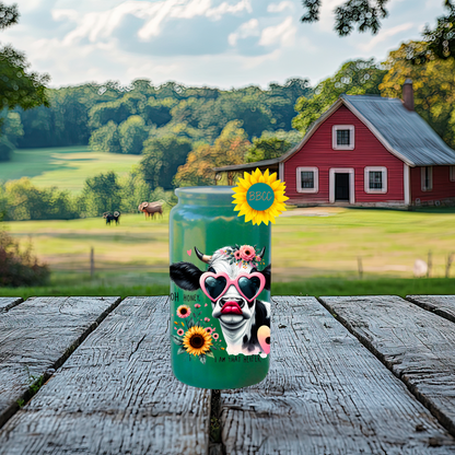 16oz Glass Tumbler – Floral Heifer Cow with Sunglasses