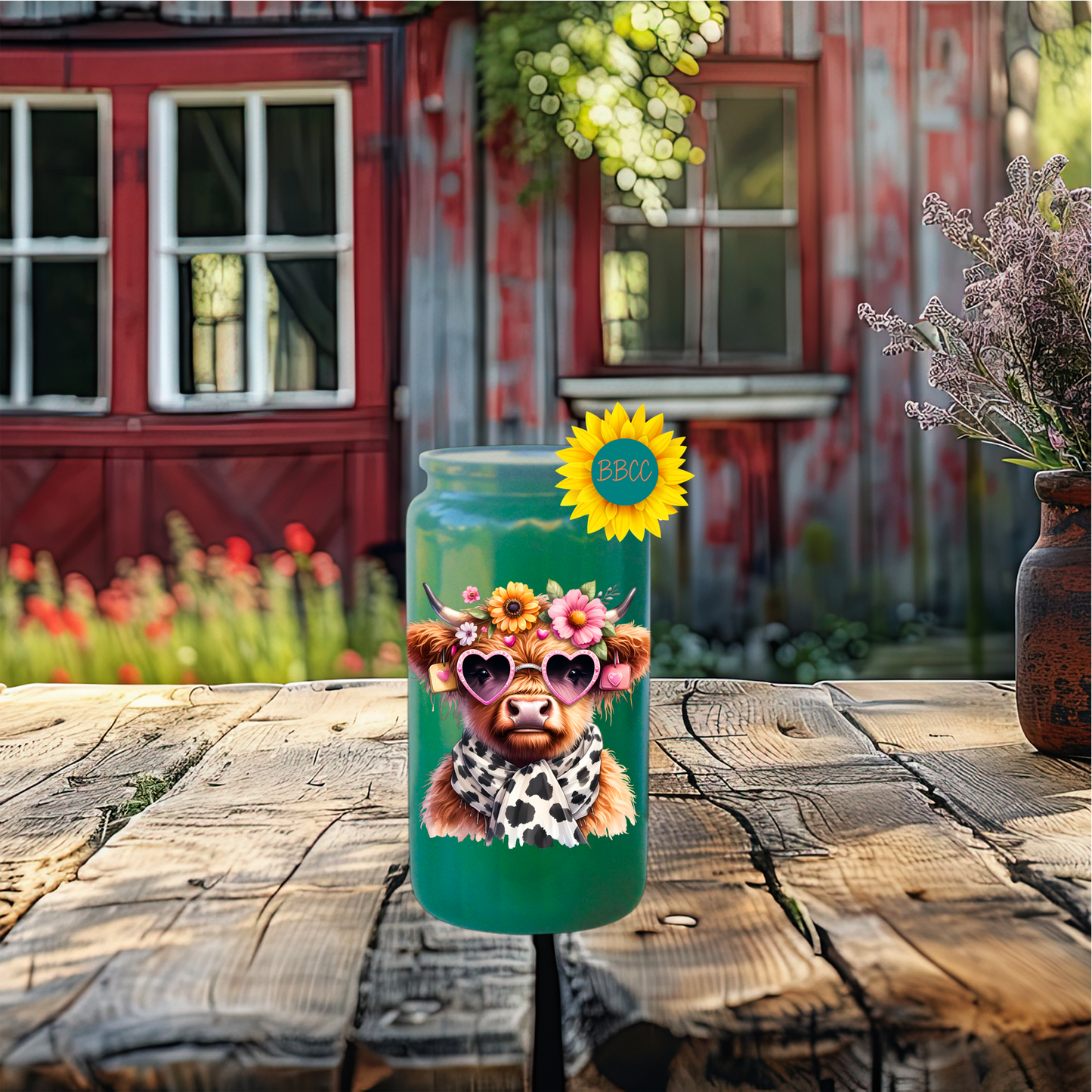16oz Glass Tumbler – Floral Highland Cow