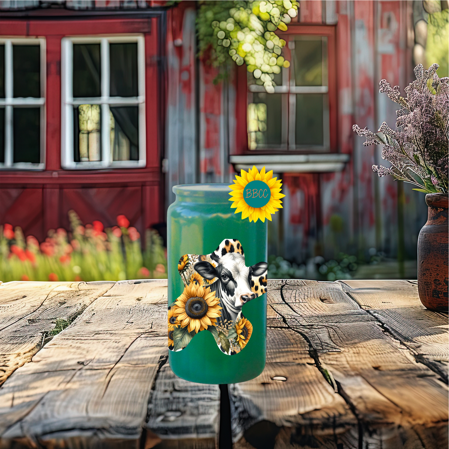 16oz Sunflower Cow Cutout Glass Tumbler