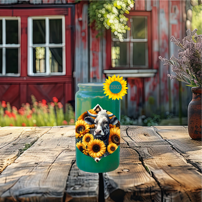 16oz Sunflower Cow Circle Glass Tumbler