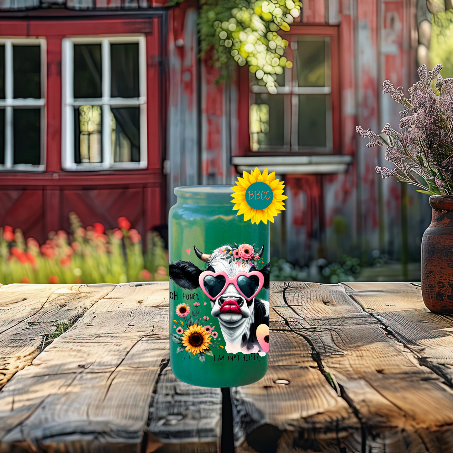 16oz Glass Tumbler – Floral Heifer Cow with Sunglasses
