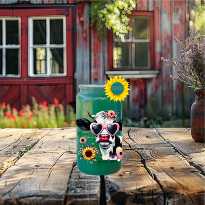 16oz Glass Tumbler – Floral Heifer Cow with Sunglasses