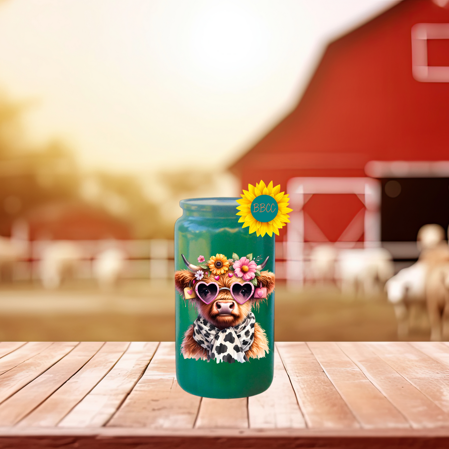 16oz Glass Tumbler – Floral Highland Cow