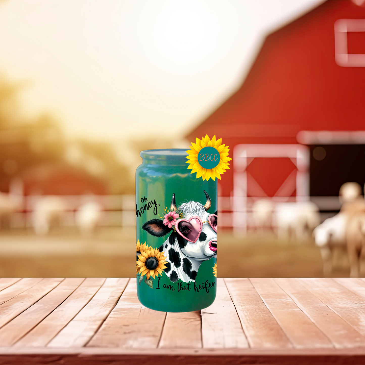 16oz Glass Tumbler – Sassy Cow Oh Honey That Heifer Design