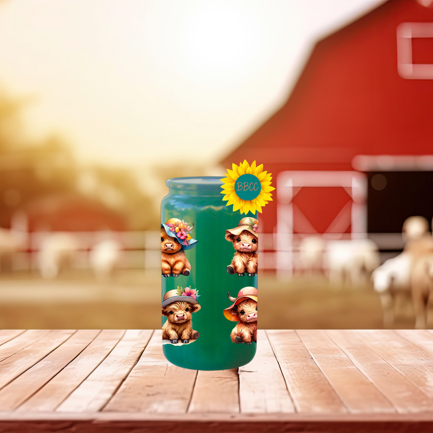 16oz Glass Tumbler – Highland Cow Summer Hats