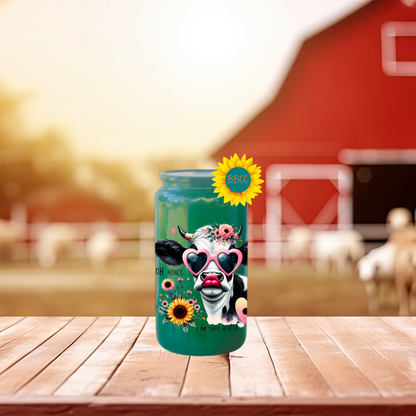 16oz Glass Tumbler – Floral Heifer Cow with Sunglasses