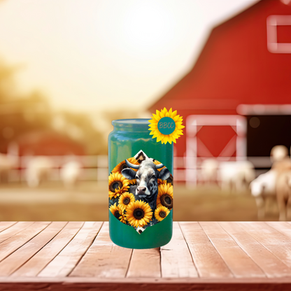 16oz Sunflower Cow Circle Glass Tumbler