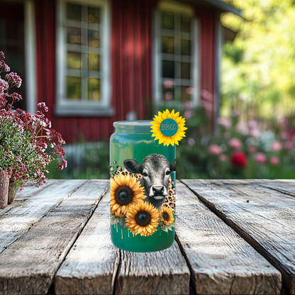16oz Sunflower Cow Glass Tumbler