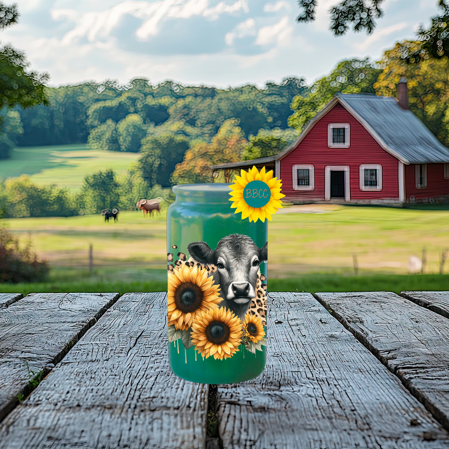 16oz Sunflower Cow Glass Tumbler