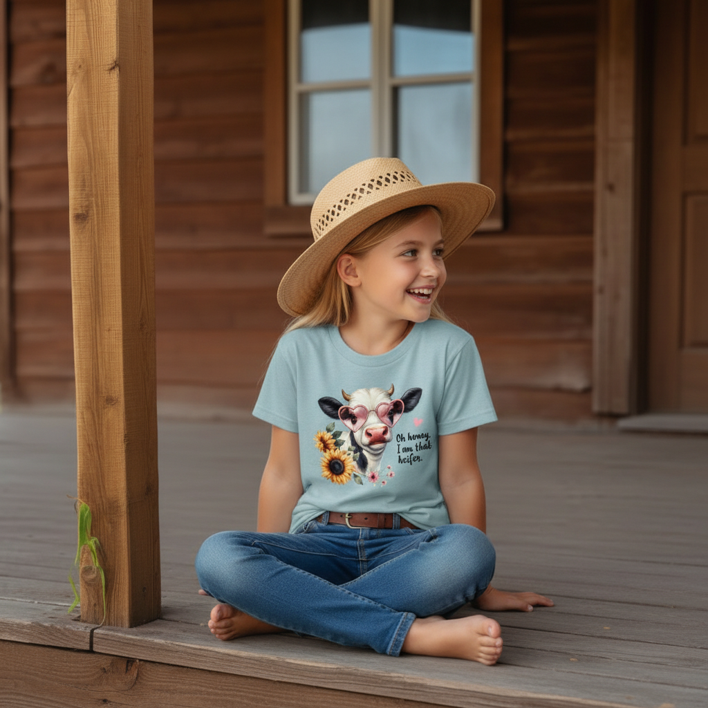 Oh Honey I Am That Heifer Youth Graphic Tee – Cute Cow Sunglasses Shirt