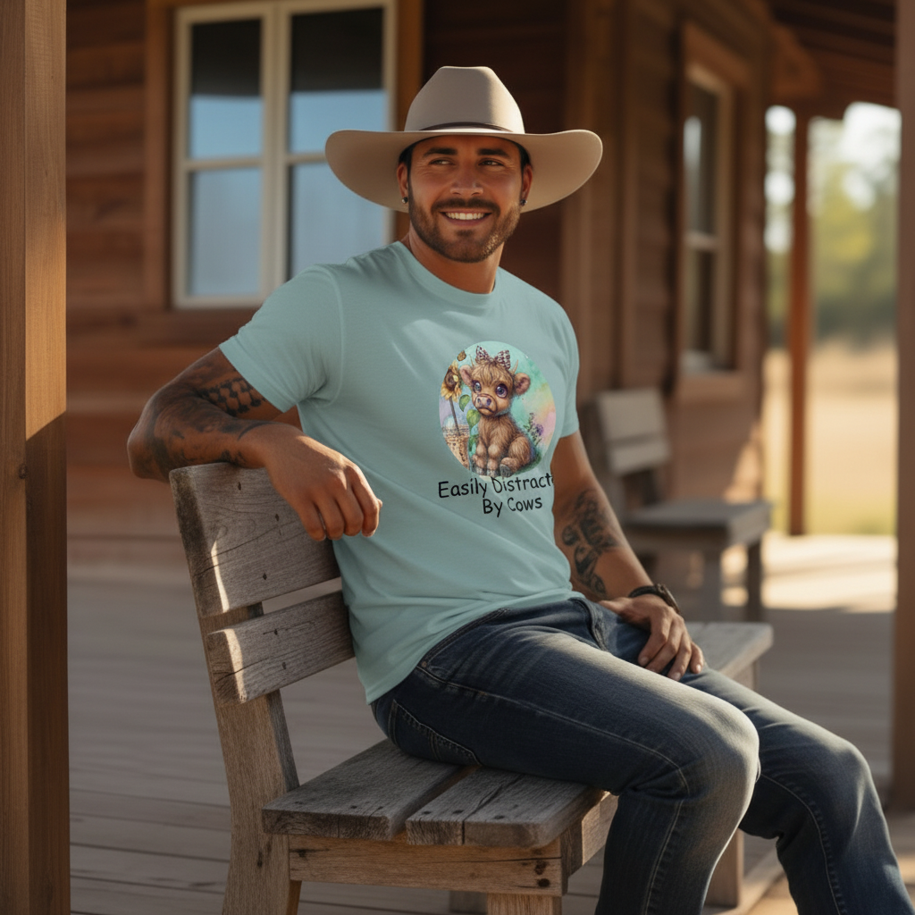 Adult Easily Distracted By Cows Graphic Tee