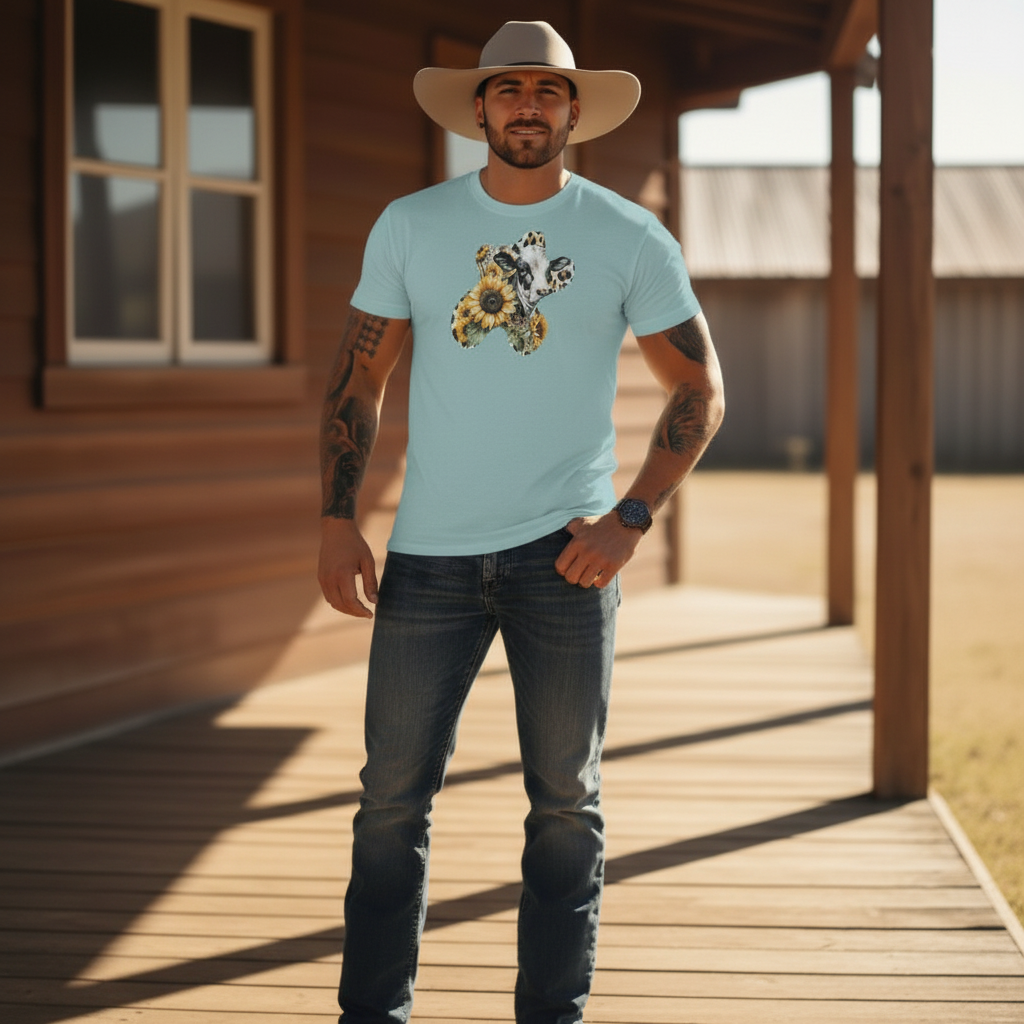 Adult Dairy Cow Sunflower Western Graphic Tee