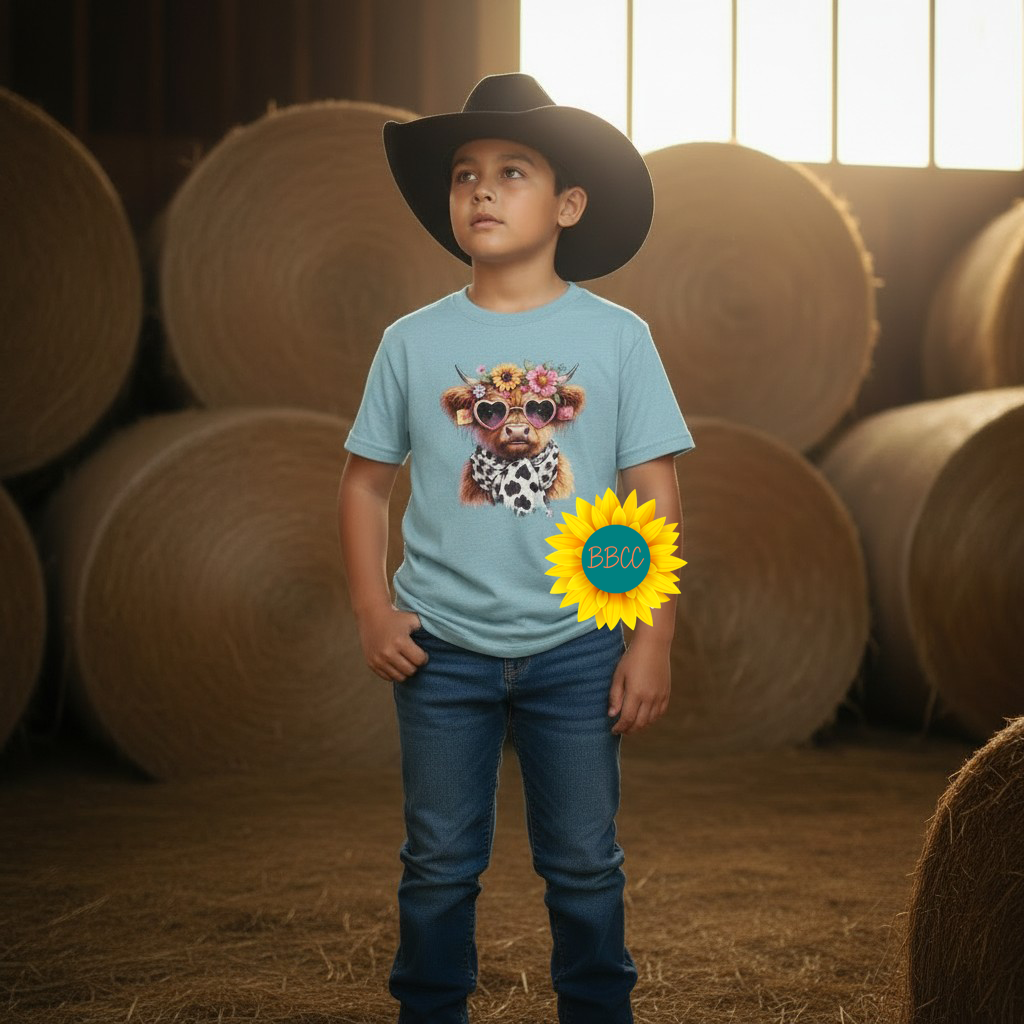 Highland Cow Floral Sunglasses Youth Graphic Tee