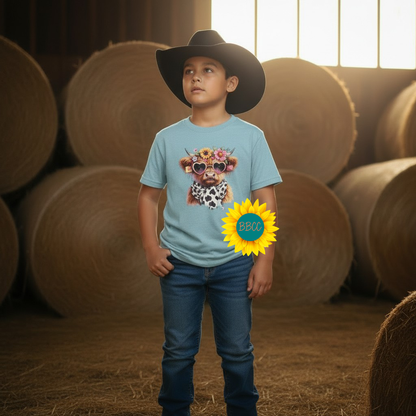 Highland Cow Floral Sunglasses Youth Graphic Tee